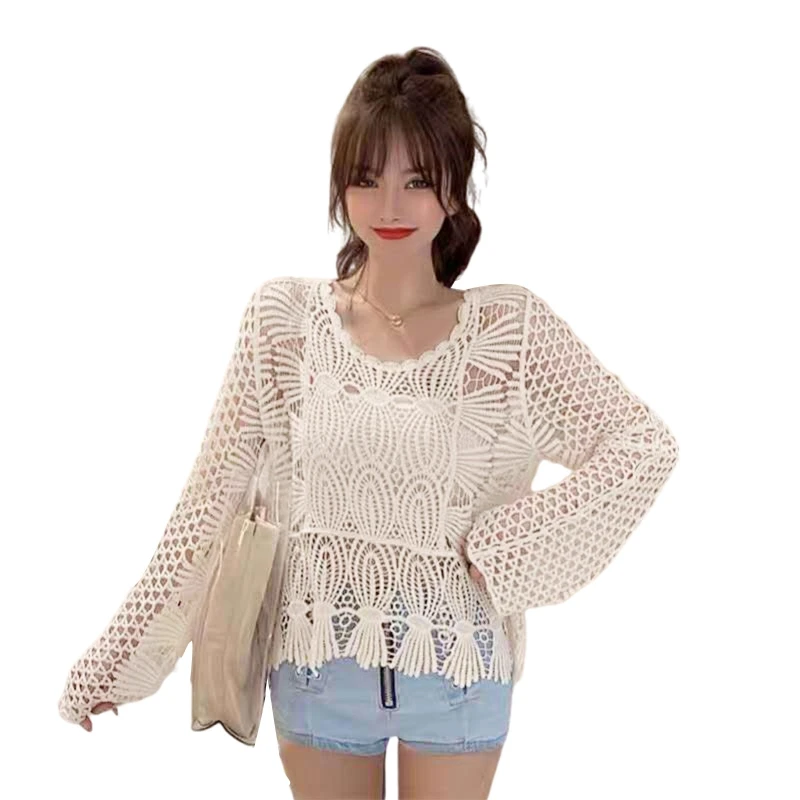 

Women Long Sleeve Lace Shirt Hollow Crochet Floral Mesh Blouse Beach Cover Up