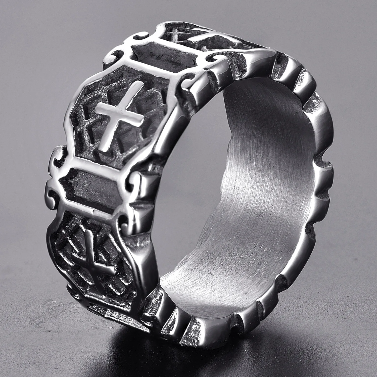 Retro Silver Color Punk Pattern Cross Ring for Men's Fashion Trend Street Hip-Hop Rock Goth Accessories Jewelry Gift Wholesale