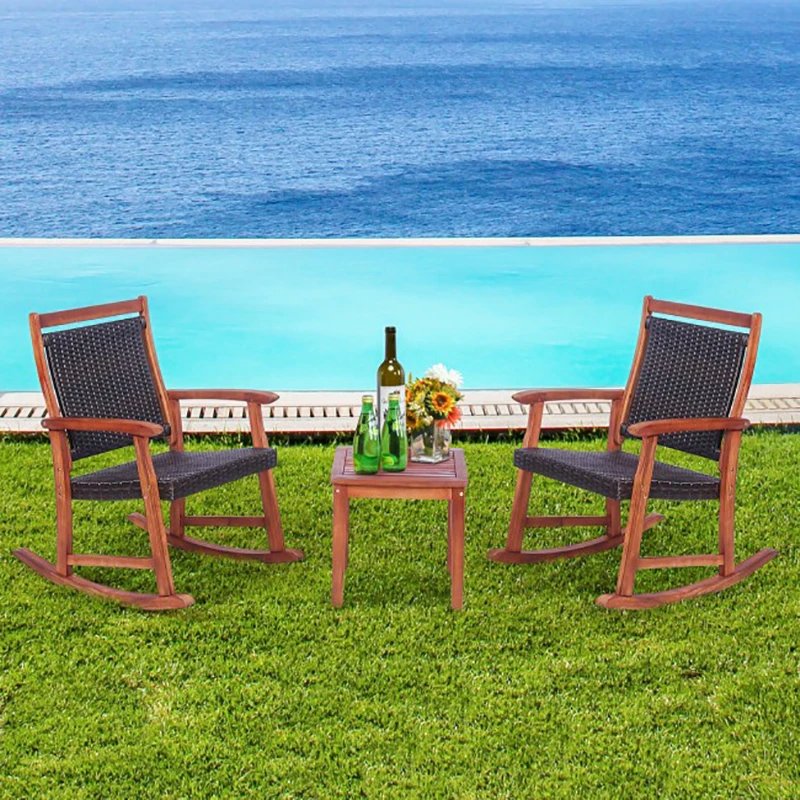 

3 Pieces Acacia Wood Patio Rocking Chair Set Sturdy Solid Acacia Wood Frame Side Table Safe Rocking Design Garden Furniture Sets