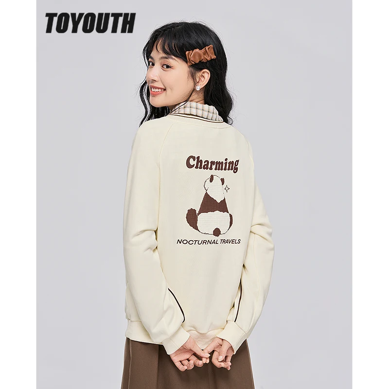 

Toyouth Women Sweatshirts 2022 Autumn Long Sleeve V Neck Loose Hoodies 3D Panda Print Apricot Casual Streetwear Pullover