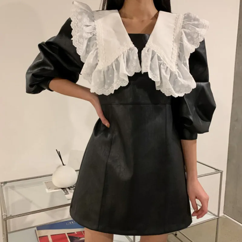 

Женское мини-платье из ПУ кожи, с высокой талией и длинным рукавом