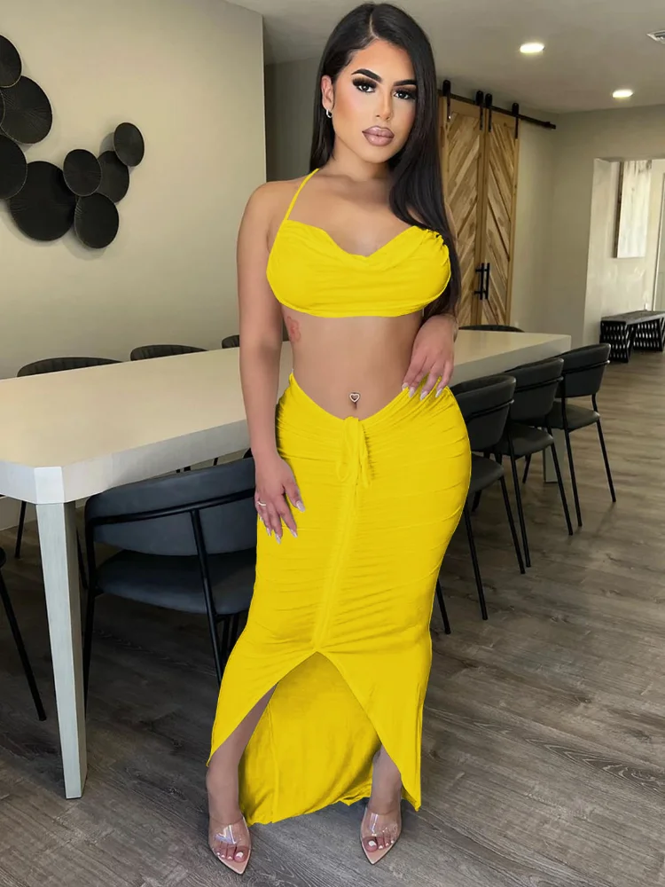 

Сексуальная Женская юбка KEXU, комплект из 2 предметов, облегающее длинное платье с заниженной талией и разрезом, костюм для ночного клуба