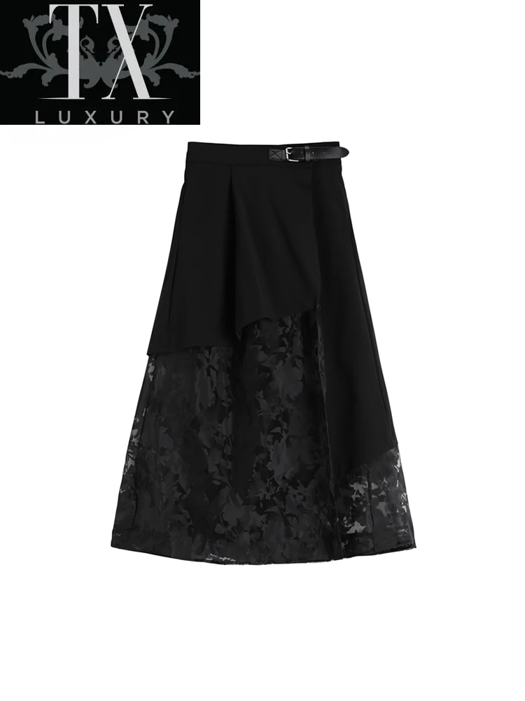 

2022 Spring Women's Fashion Irregular Patchwork Midi Skirt Female High Waist With Belt Casual Elegant Korean Black Party Skirts