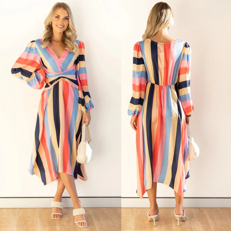 

Striped V-Neck Loose Long Sleeved Spring Autumn Dress Fashion Blouses 2022 Cheap Vintage Clothes For Women Female Clothing