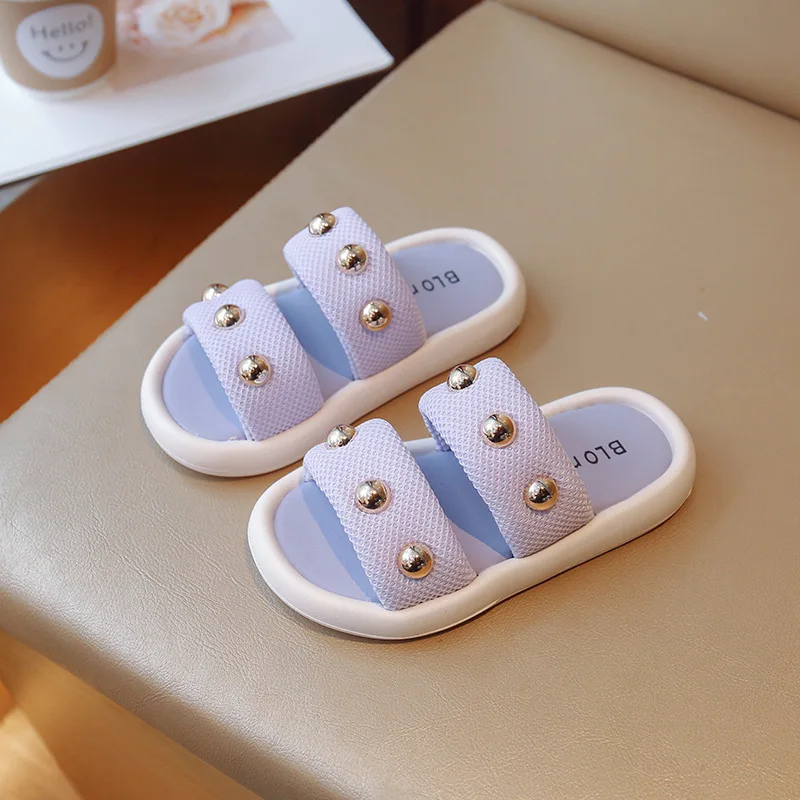 

2023 Children Summer New Girls Slippers Outdoor Solid Color Silver Halfsphere Casual Solid Color Kids Fashion Shoes Non-slip