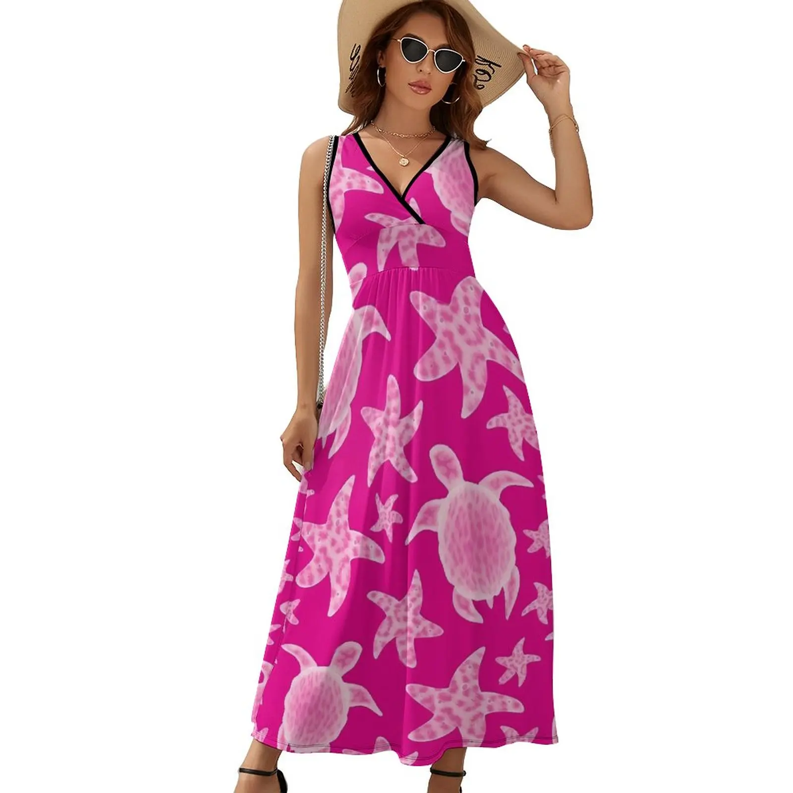 

Женское богемное платье макси, длинное платье розового цвета с принтом черепахи, морских звезд