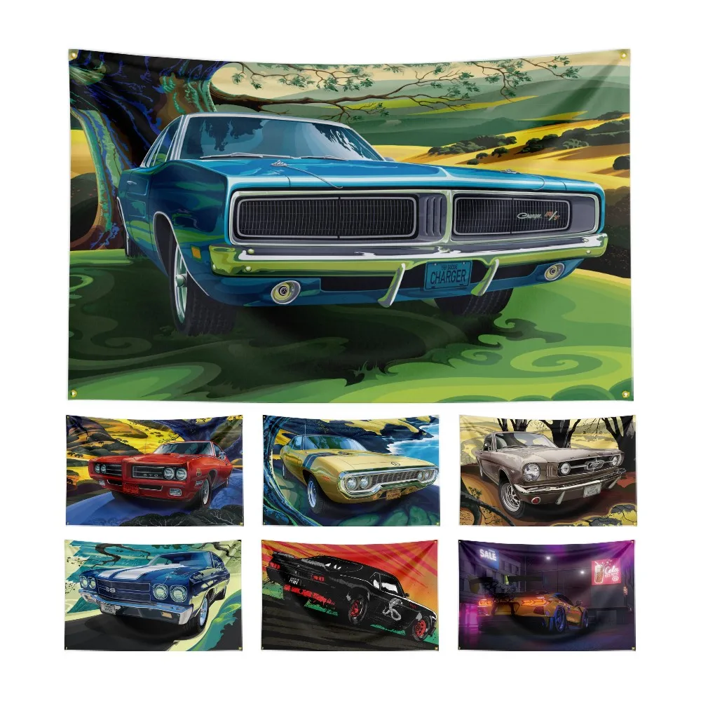 

3X5Ft Mustang American Muscle Cars Flag Polyester Digital Printed Classic Garage Decor Banner For Club Bar