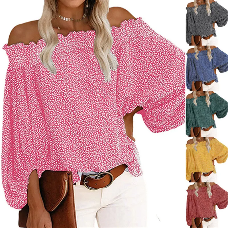 

Женская шифоновая блузка с открытыми плечами, винтажная блузка с цветочным принтом, длинным рукавом-фонариком и одним воротником, пуловер для осени, 2023