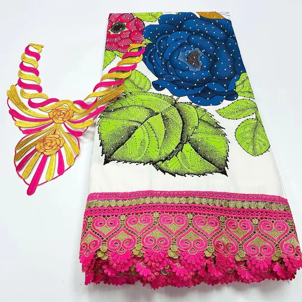 

6 yard Wax Lace Fabric With Collar Embroidery African Fabrics With Stones 100% Cotton Swiss voile Lace in Switzerland