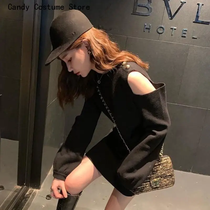 

Jumper Knitting Autumn Pullovers Sexy Off Shoulder Long Sleeve Black Knitted Dress Women's Sweater Jersey Pullover Pull