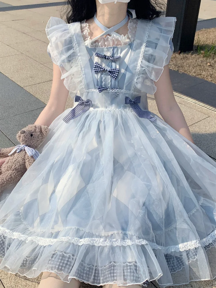 

Sweet Mesh Lolita Princess Dress 2022 Summer Daily Lolitas Op Cute Fairy Lace Women Girly Puffy Dress Kawaii Girl Clothes Female