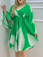 colorblock cape sleeve leaves print ruffles summer dress women