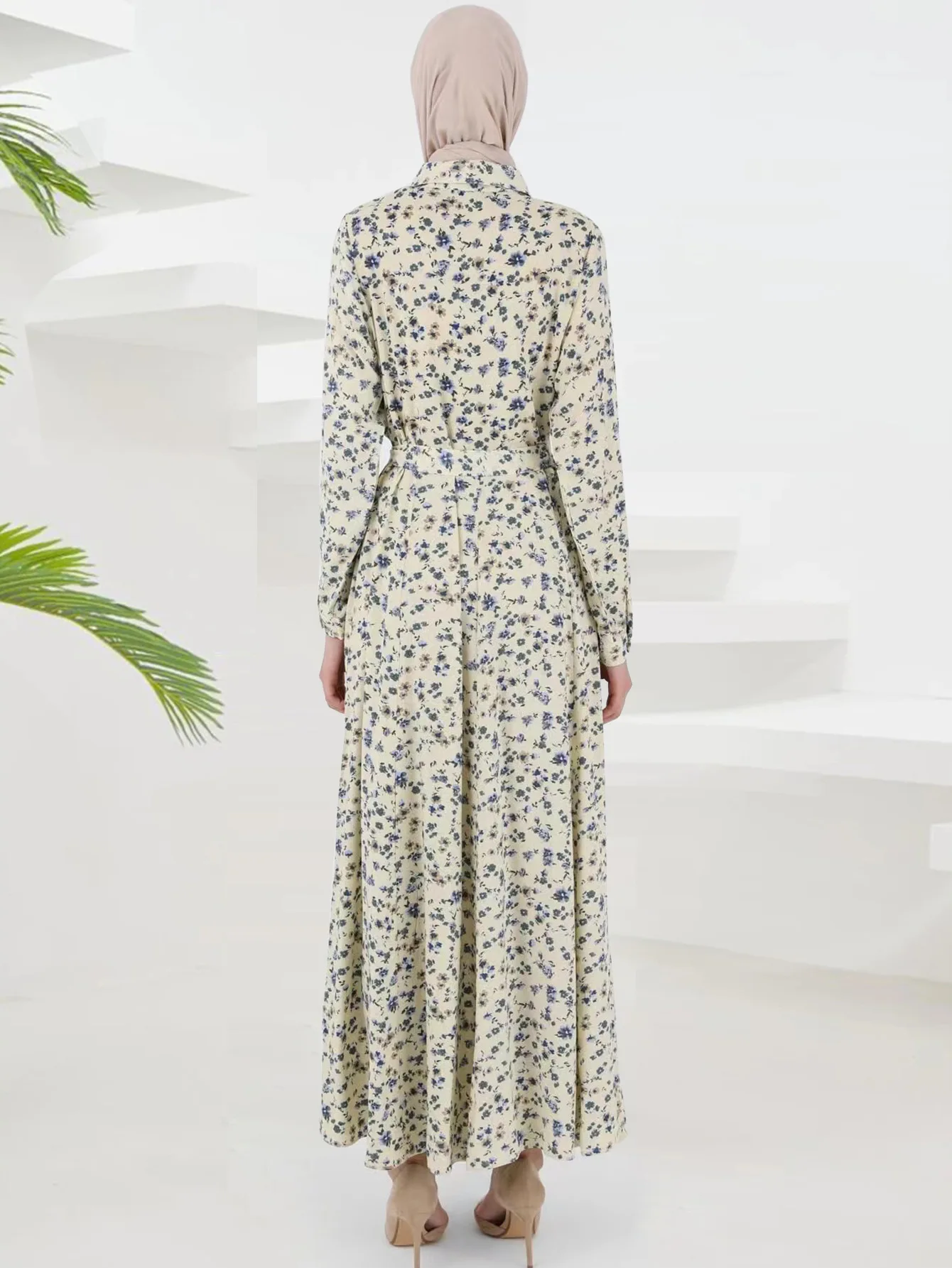 Muslim Fashion Printed Dress with Waistband Slim Fit Middle Eastern African Long Dresses for Women Modest Muslim Dress Women
