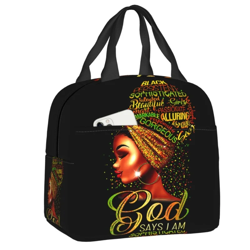 

American Black Women African Girl Lunch Bag Reusable Cooler Thermal Insulated Lunch Box For Work School Picnic Container Bags