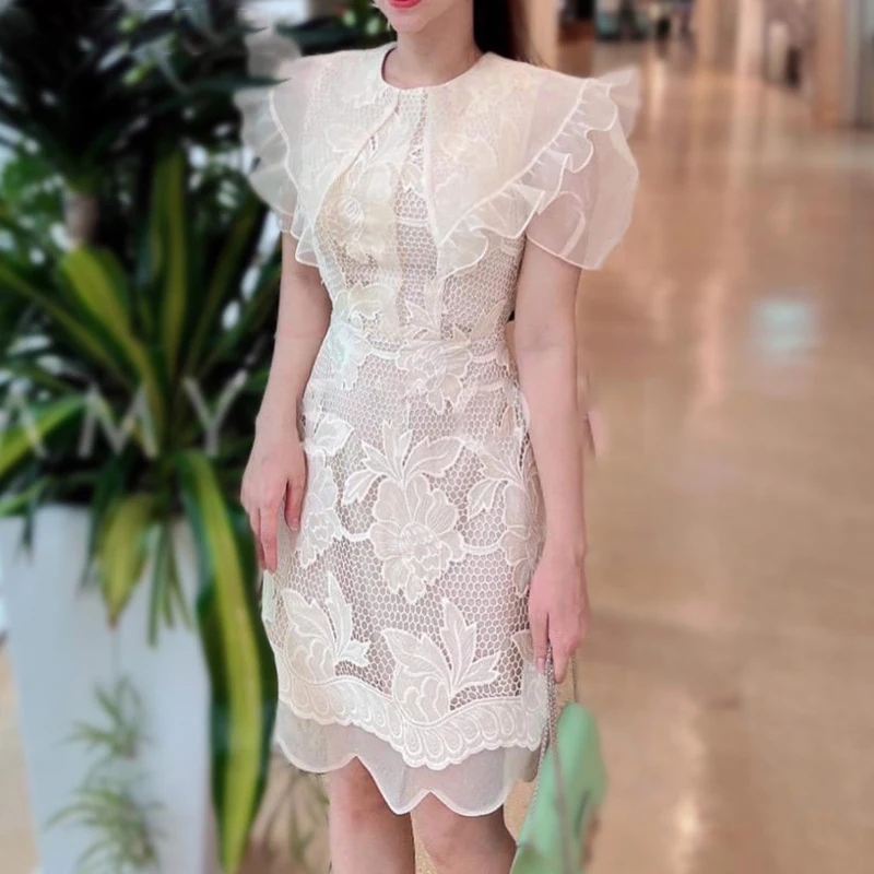 

Apricot Vintage Women's Dress Embroidery Lace Flower Mini Dress Women Clothing Short Sleeve High Waisted Bodycon Designer 2022