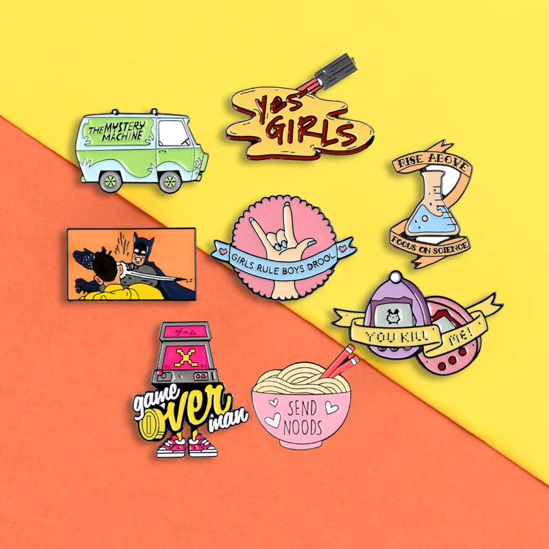 

Cartoon Anime enamel pins Yes Girl Feminist badges Science chemistry brooches Denim jackets bag Lapel pin Fashion jewelry gifts
