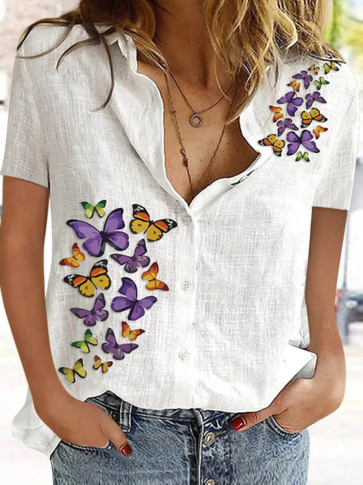 

Women Butterfly Print Cotton Linen Blouse Spring Turn-down Collar Button Office Lady Shirt Summer Short Sleeve Loose Beach Blusa
