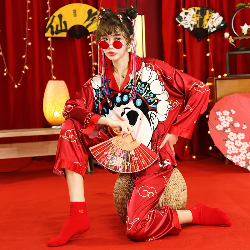 

Women Autumn New Retro Peking Opera Two Piece Suit Soft Comfortable Ice Silk Sleepwear Loose Casual Chinese Style Home Clothes
