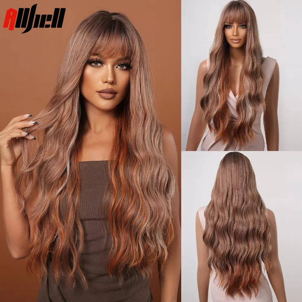 

Long Brown Wavy Synthetic Hair Wigs Mixed Blonde Golden Bangs Wig Natural Wavy for Black Women Daily Party Wigs Heat Resistant