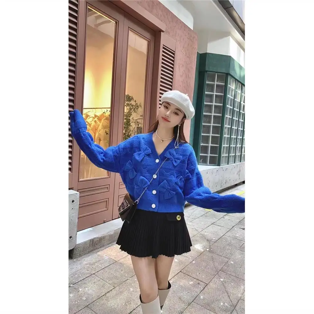 

2022 Woman Sweaters Women's Fashion Sweater Spring Autumn V-neck Single-Breasted Bow Knitted Cardigan Casual Jacket Femme D72