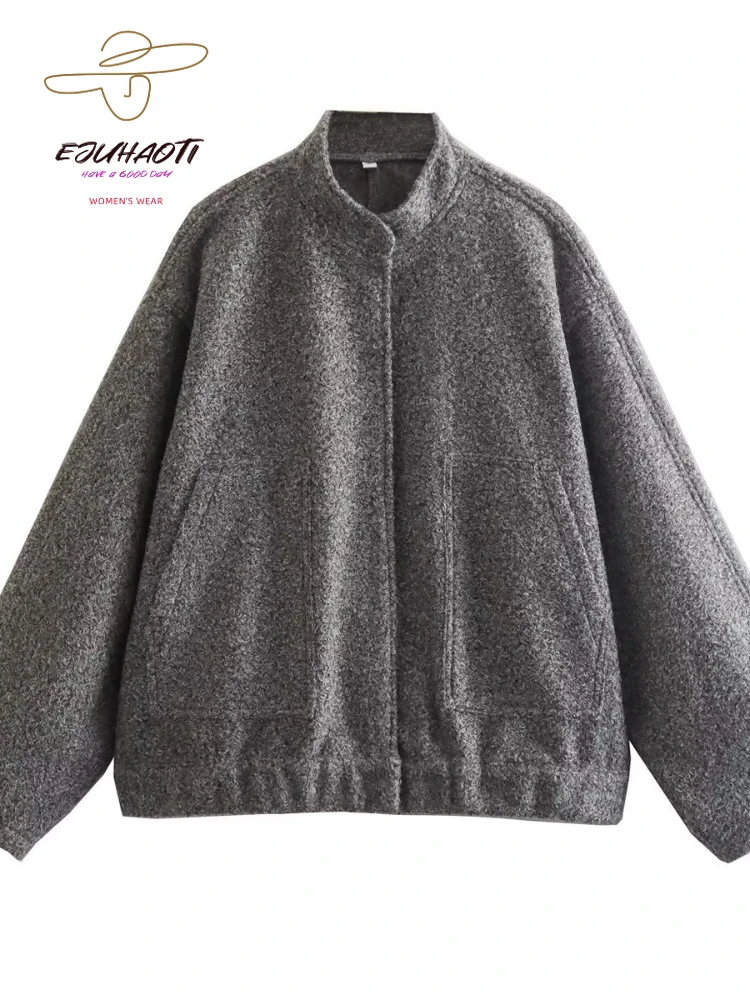 

Women's Jacket Autumn Winter New Solid Stand Collar Single Breasted Fashion Large Pockets Long Sleeved Coat Woman Clothing Tops