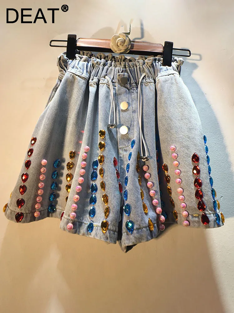 

DEAT Women Denim Shorts Elastic Waist Colorful Striped Diamonds Rhinestone Pearls Loose Jeans 2023 Autumn New Fashion 29L1074