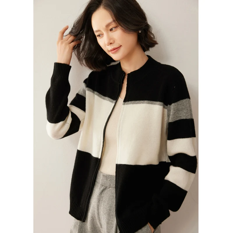 Трехцветный кашемировый свитер женский трикотаж шерстяной кардиган с круглым