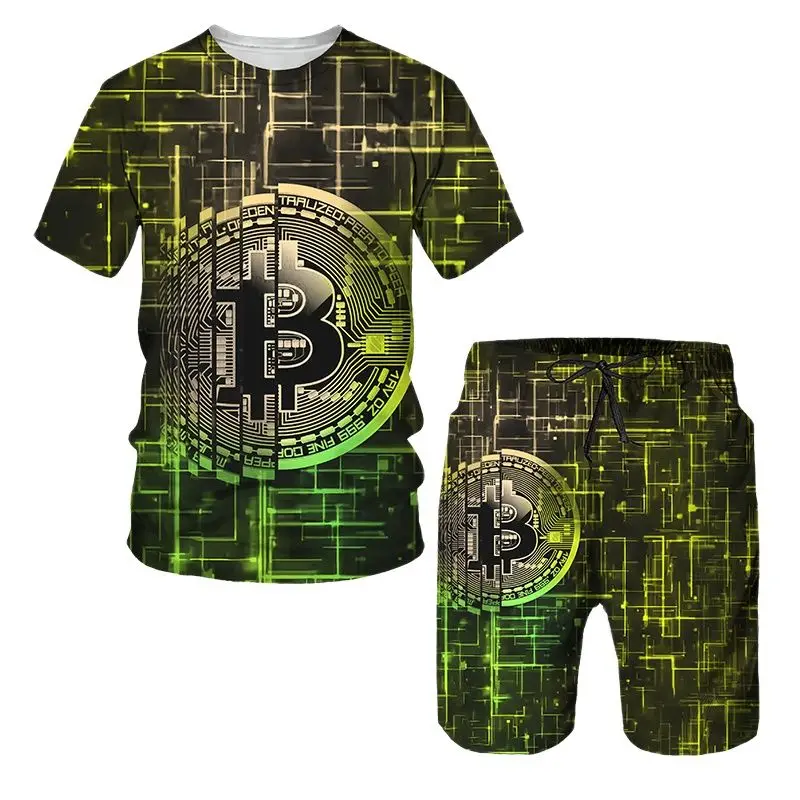 Bitcoin Pattern T Shirt For Men Casual Shorts 2 Piece Outfit Fashion Trend Summer Sports Sets Funny Streetwear Short Sleeve Tops