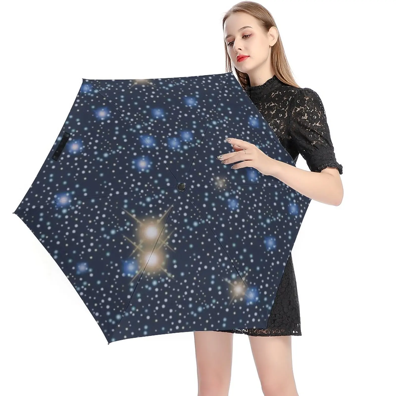 

Dark Blue Galaxy 5 Fold 6 Ribs Umbrella Vivid Sparkle Stars Sun and Rain Pocket Umbrella Ligthweight Umbrellas for Male Female