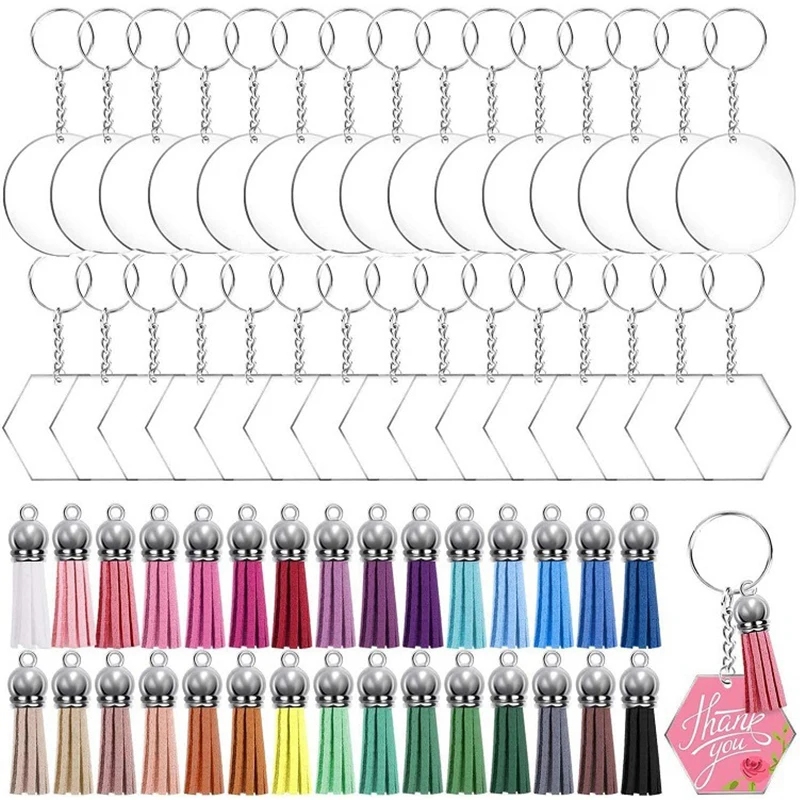 

120pcs DIY Keychain Pendant Acrylic Key Rings Multilateral Disc Tassel Combination Set Crafts Gift