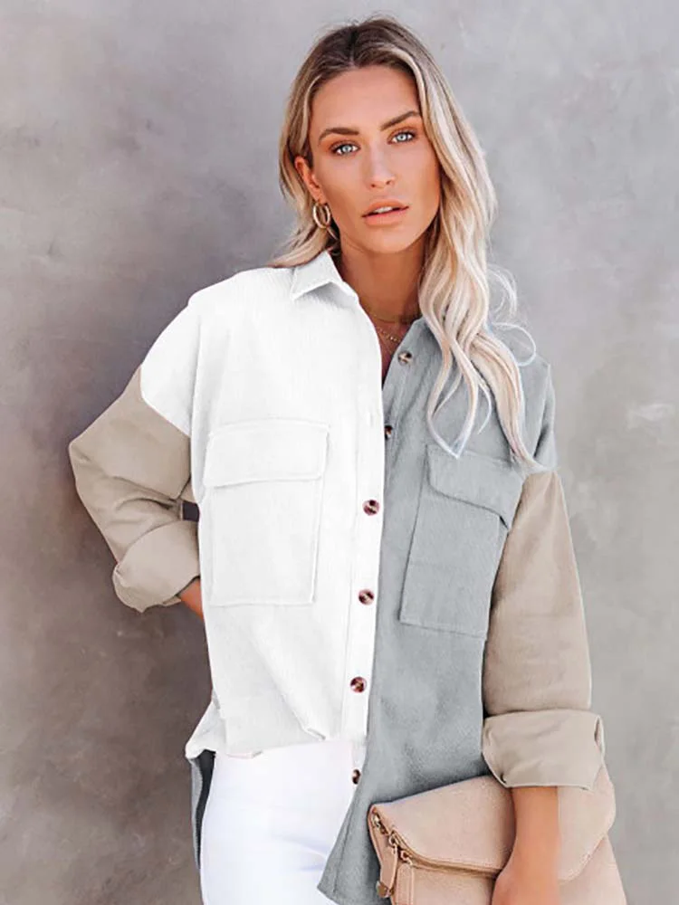 Women Patchwork Blouses Corduroy Long Sleeve Single Breasted Turn-down Collar Shirt Office Lady Pocket Streetwear Elegant Shirt