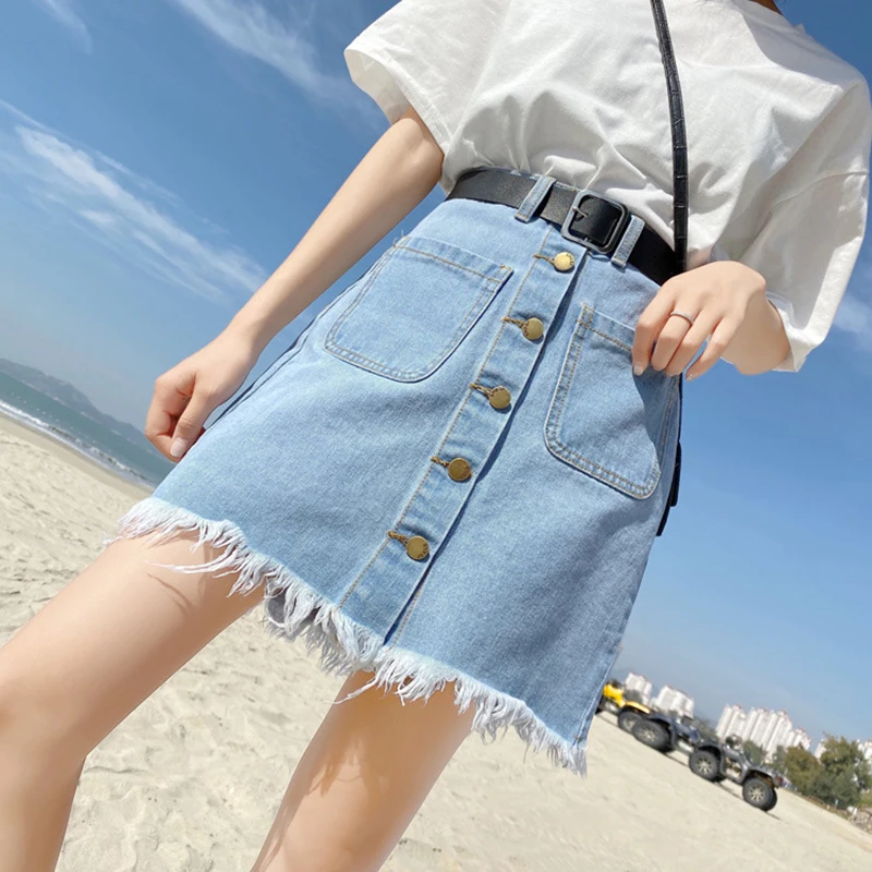 

Plus Size Fat MM Student Casual Slim Fashion Single-breasted Skirts Women Summer High-waist Denim A-line Skirt Female Streetwear