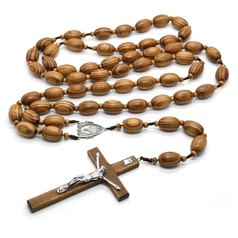 

QIGO Big Wall Rosary Wood Beads Strand Long Cross Pendant Necklace Catholic Religious Jewelry