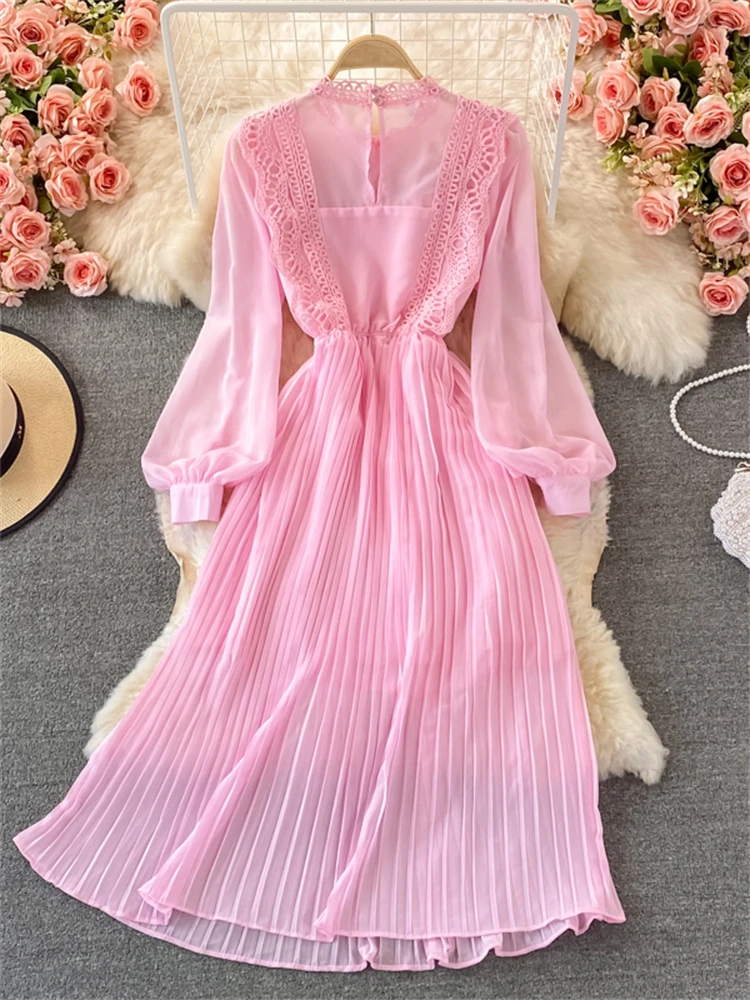 Spring Women Elegant Vintage Pleated Midi Dress Ladies Lace Ruffle Chiffon Vestidos Party Robe 2022 New Clothes