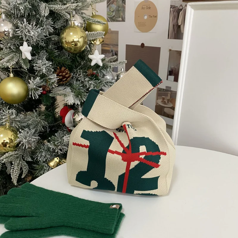 Merry Christmas Winter New Women's Knitting Handbag Designer Woven Small Wrist Bag Shopper Purses Ladies Clutch Christmas Gift