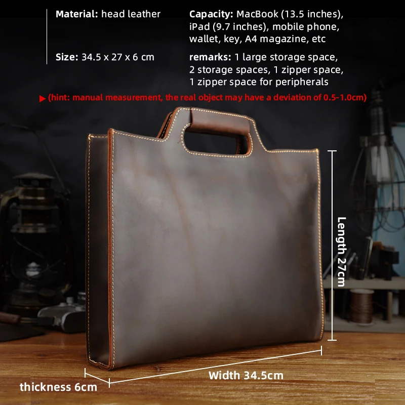 100% Crazy Horse Leather Men Briefcase Genuine Leather 13.5 Inch Laptop Doctor Lawyer Computer Bag Storage Business Shoulder Bag