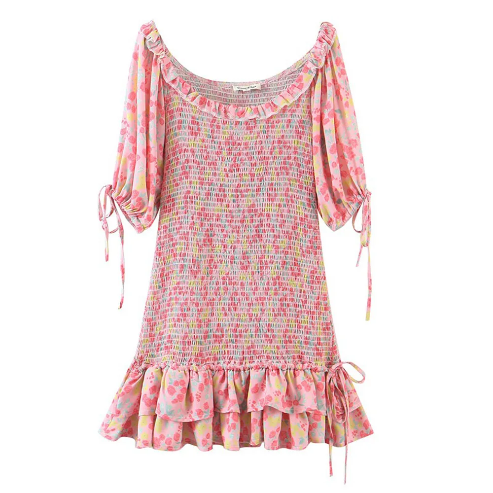

Summer Women Fashion Dress Short Sleeve Stringy Selvedge Sweet Youthful Polyester Printed Short Dresses