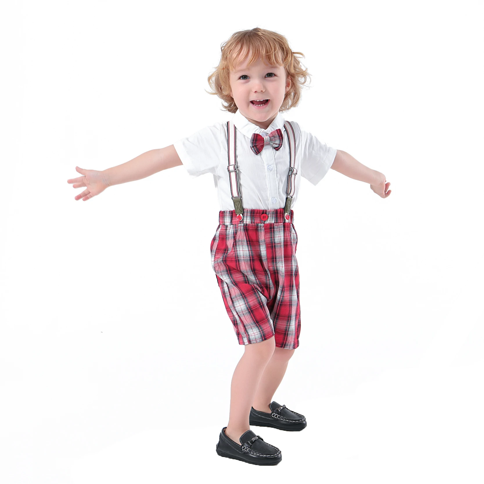 

Baby Boys Shorts Sets Infant Wedding Overalls White Short Shirt + Red Plaid Suspender Bib Pants + Bow Tie Clothing Outfits 3-6 M