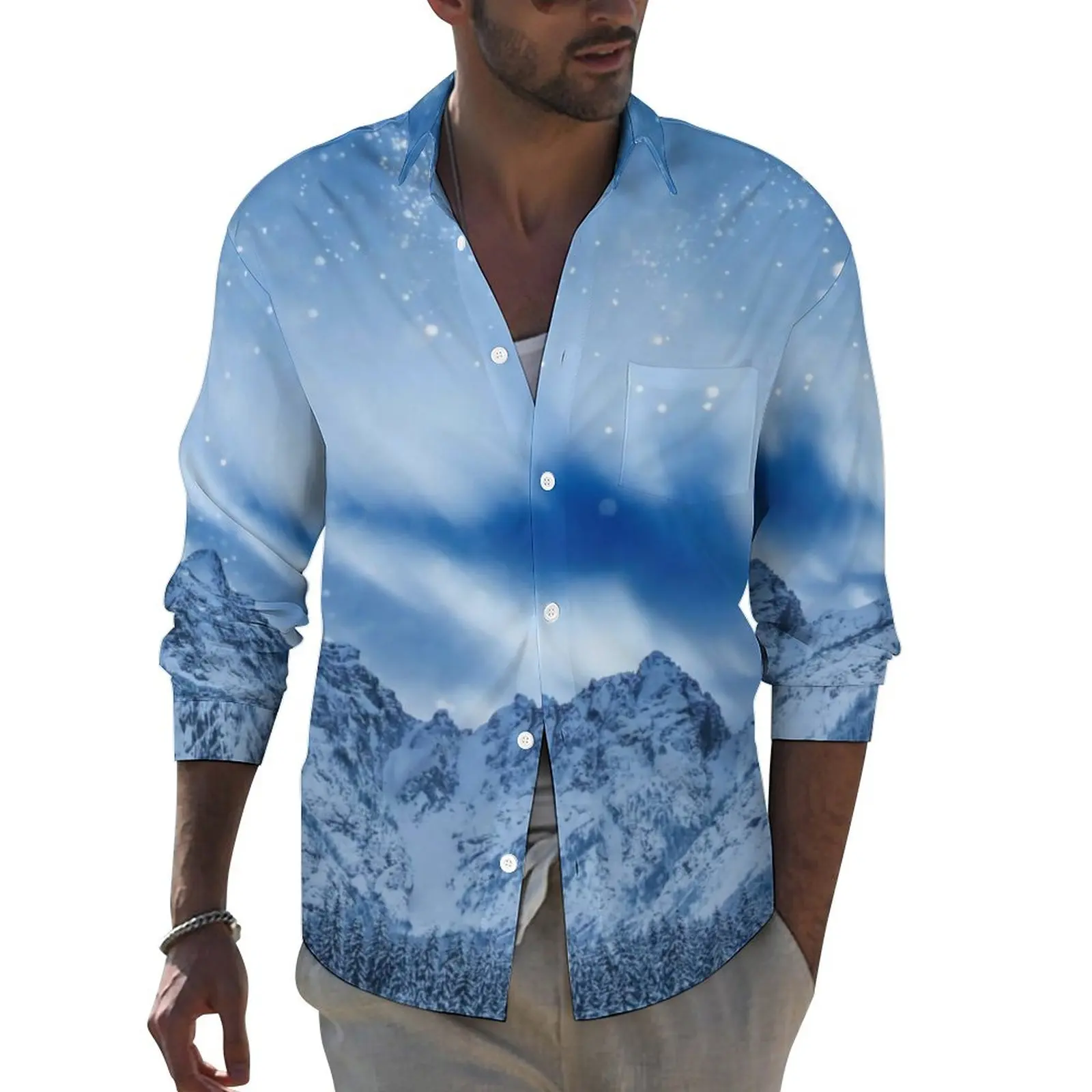 

Winter Mountains Casual Shirts Male Fantasy Sky Print Shirt Long Sleeve Vintage Street Style Blouses Custom Tops Plus Size