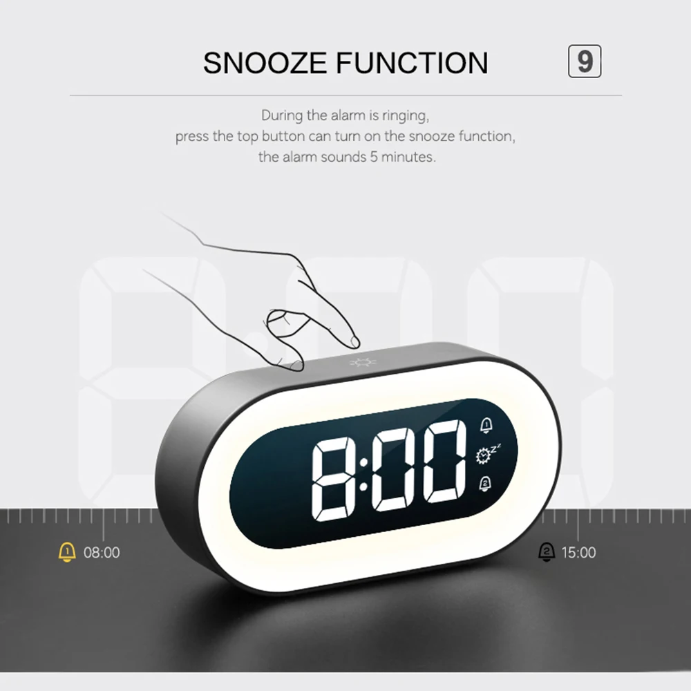 

Music LED Digital Alarm Clock Voice Control Night Light Design Desktop Clocks Home Table Decoration Built-in 1500mAh Battery