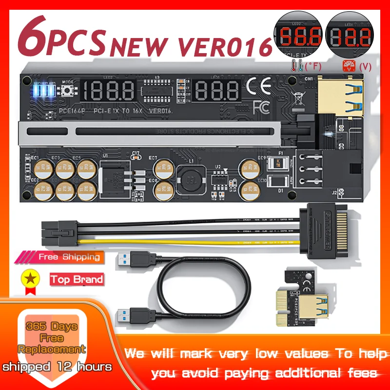 

6PCS Riser 016 USB3.0 PCIE Riser PCI Express X16 Extender Adapter 016 GPU Riser Card SATA 15pin to 6pin Power voltage monitoring