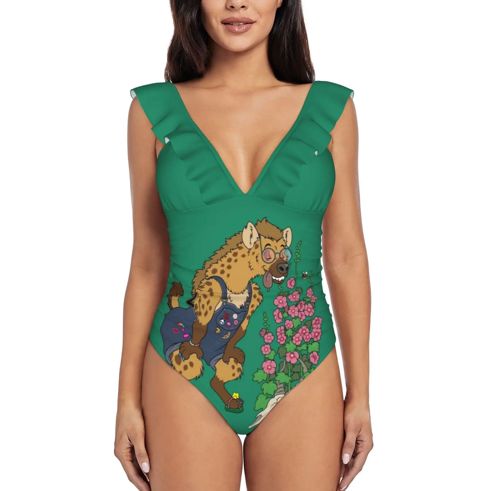 

Слитный купальник Hyena в саду с оборками, женский купальник, Монокини пуш-ап, сексуальный купальный костюм с принтом, гиена, животные