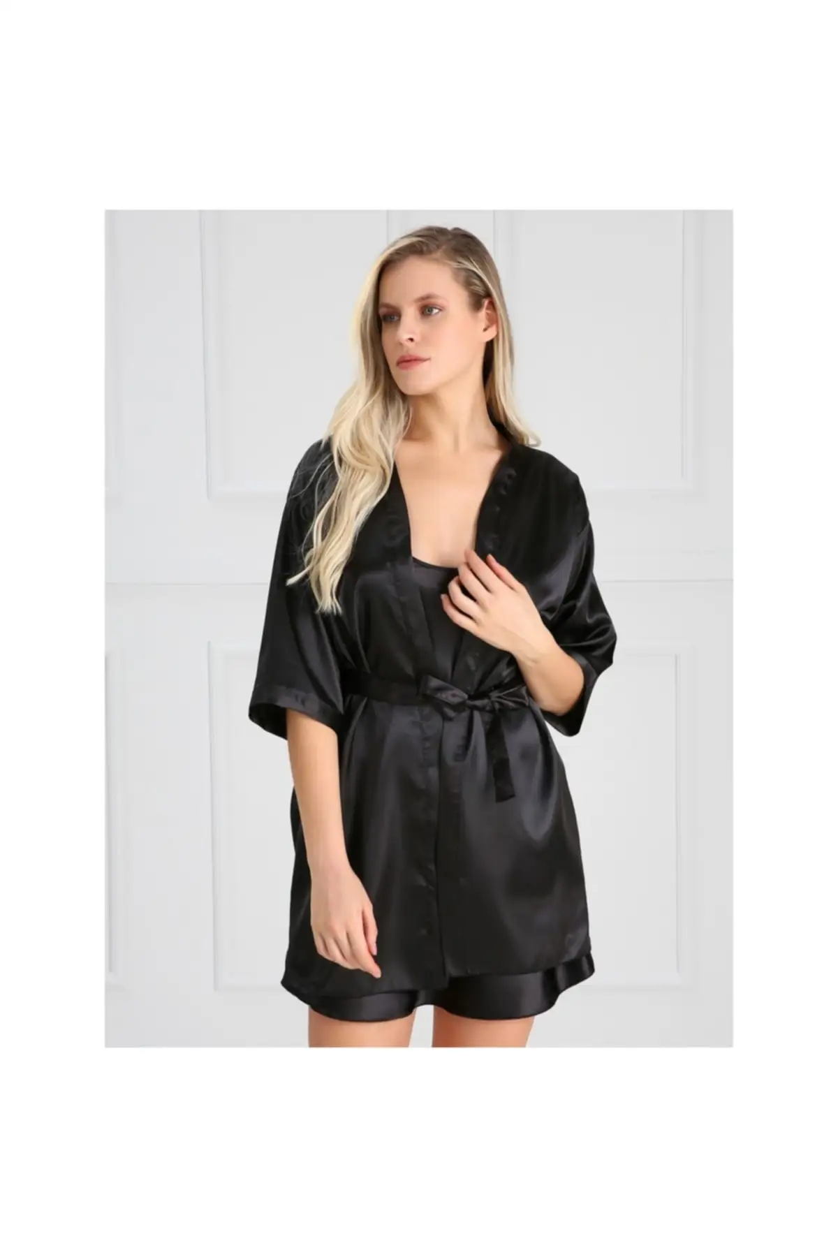

Dressing Gown Black Satin Look Katya Fashion Robe Robe Robe Sexy Peignoir Kimono Bride Sleepwear Night Gown