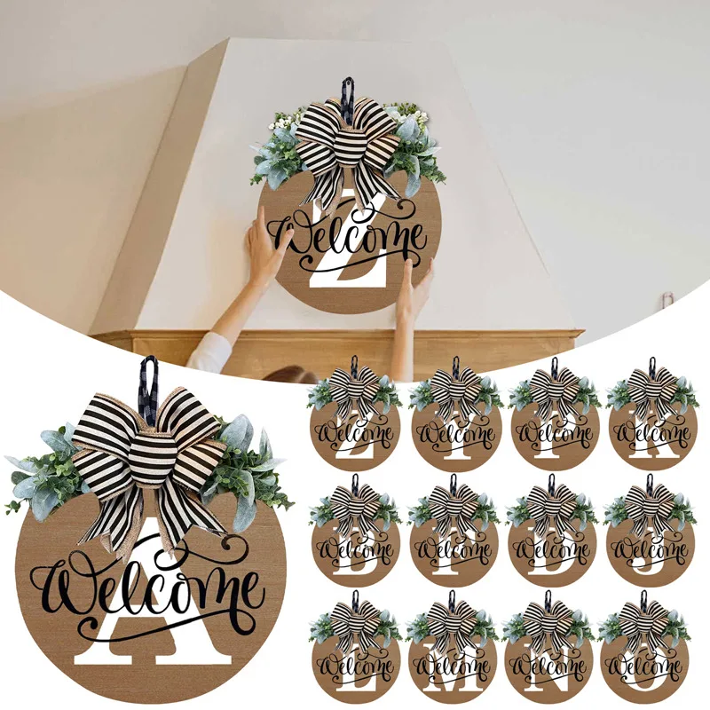 

Фамилия, венок на входную дверь с бантом, 26 букв, деревянный приветственный знак, гирлянда, искусственные растения, венки для наружного садового декора