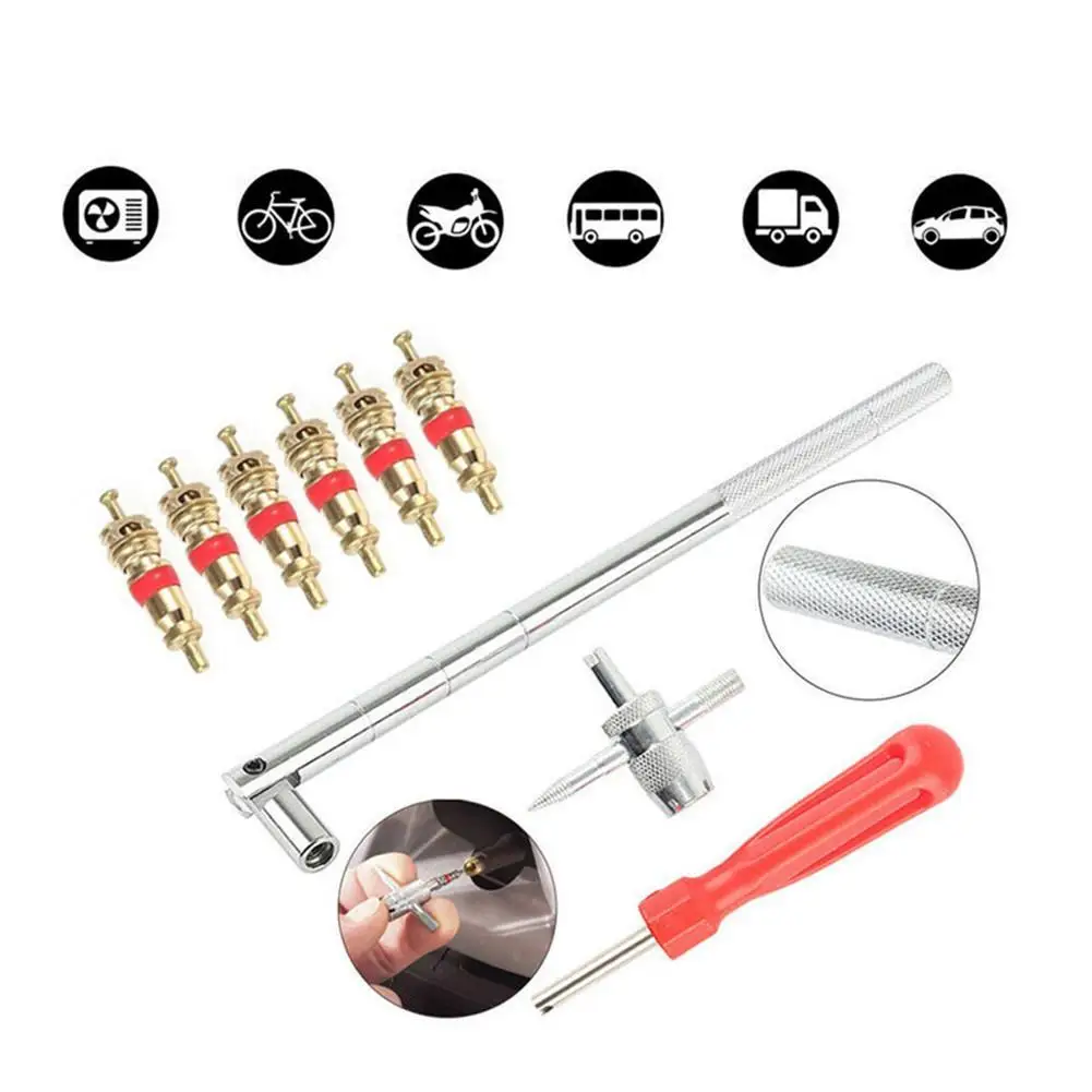 

1 Set Bicycle Valve Stem Puller Tool Car Tire Plug Spin Core 4-in-1 Valve Core Remover Repair Set Replacement Kits