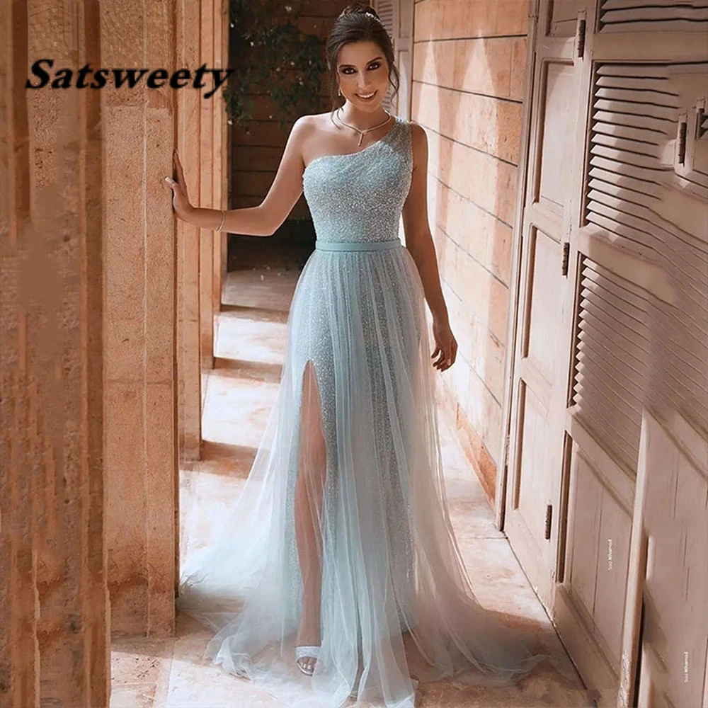 Sky Blue One Shoulder Sequined Prom Dress High Split A Line Formal Evening Party Gown Arabic Floor Length robes de soirée