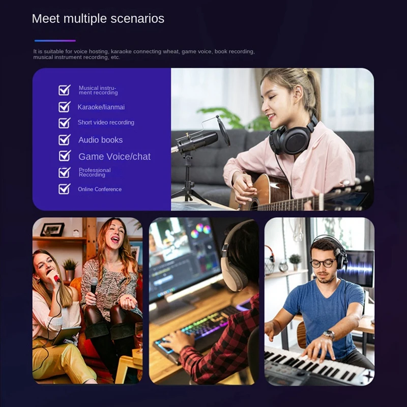 Audio Interface Sound Card Metal 2 In Out USB Computer Driver-Free Live Recording Karaoke Mixer