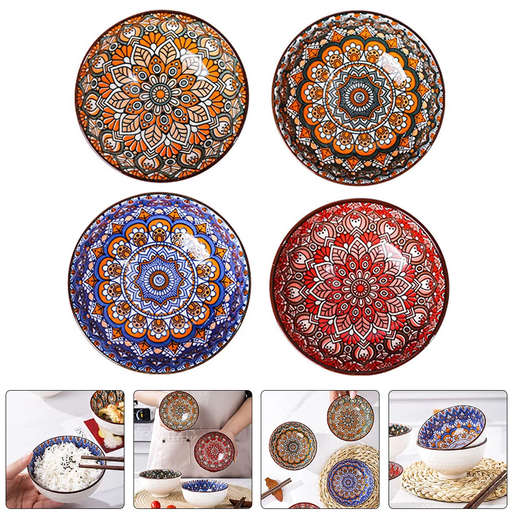 

4Pcs Kitchen Bohemian Style Ramen Bowls Rice Bowls Salad Bowls (Assorted Color)