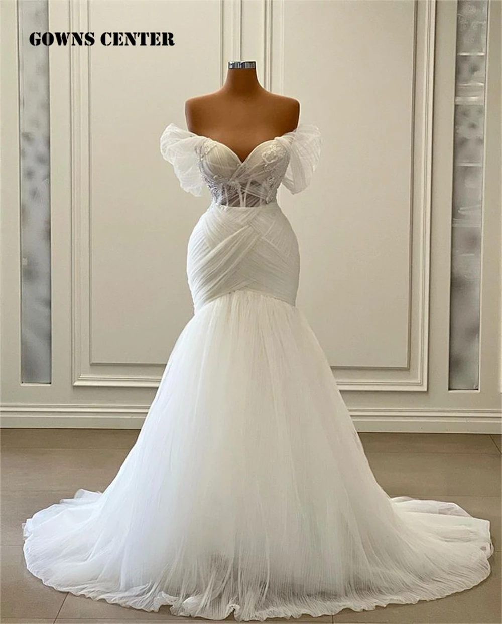 

Off The Shoulder Tulle Mermaid Wedding Elegant See Thru Bridal Gowns Custom Made Beaded Appliques Engagement Vestido de novia