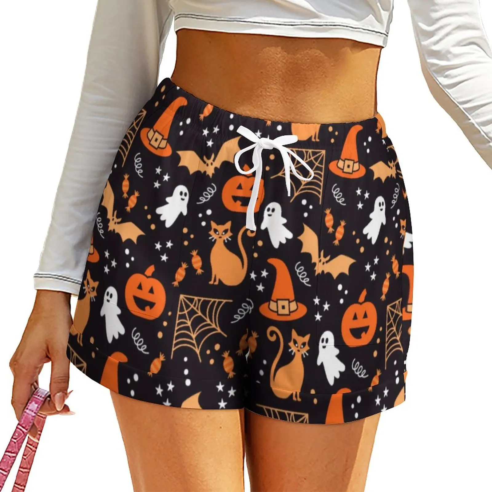 

Spooky Halloween Shorts High Waist Skull And Pumpkins Print Shorts With Pockets Summer Sexy Oversized Short Pants Casual Bottoms